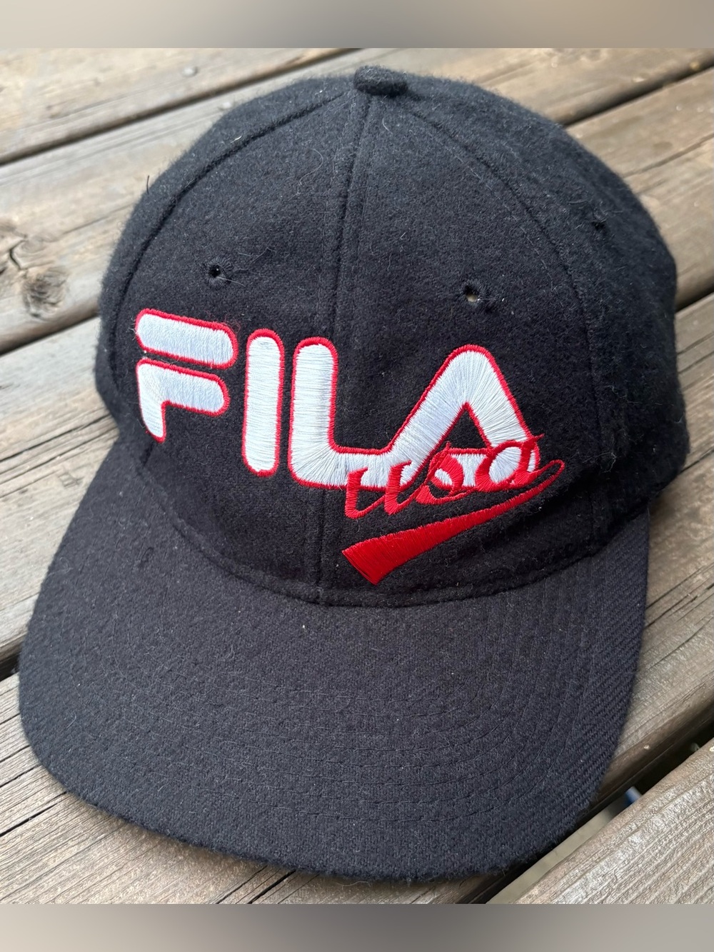 Vintage 90’s FILA USA Black Wool Strapback Hat OSFA EUC
